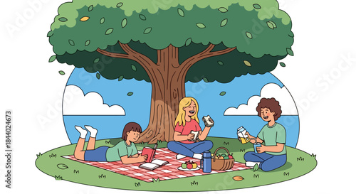 Three friends enjoying a picnic under a large tree.