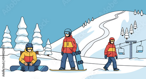 Three snowboarders in winter gear on a snowy mountain slope.