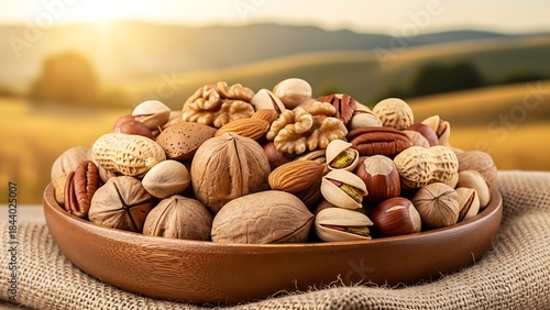 Studio lighting food composition American nuts mix featuring peanuts almonds pecans with organic healthy nutrition concept isolated background for commercial stock food advertising