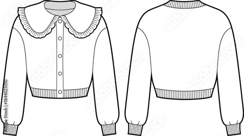 Ruffle collar cardigan vector illustration with front and back flat sketch, technical fashion CAD drawing, detailed apparel design template for clothing designers