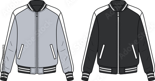 Sporty varsity bomber jacket front view technical flat illustration, detailed apparel design CAD template, modern unisex fashion outerwear vector drawing