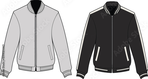 Stylish bomber jacket technical flat sketch, front view fashion design template, detailed vector illustration featuring color variations and apparel construction elements