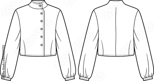 Stylish cropped buttoned jacket fashion vector, detailed cad drawing flat illustration, long sleeve apparel sketch design for modern clothing creators