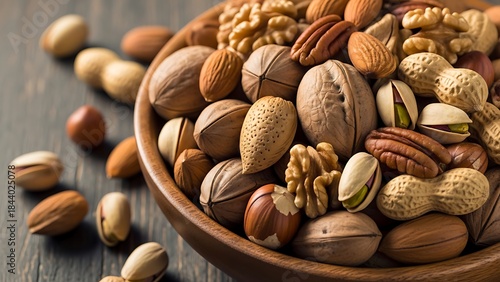 Professional food stock image American nuts assortment with organic healthy snack appeal natural brown color palette isolated background for nutrition advertising packaging and grocery marketing