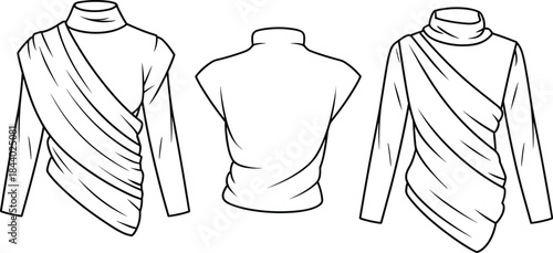 Stylish asymmetrical draped top vector template with front and back views, detailed fashion sketch for apparel designers, sewing pattern illustration