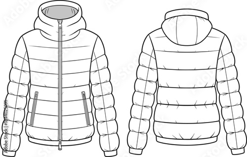 Technical flat sketch of hooded puffer jacket, detailed winter outerwear vector illustration showing front and back views for fashion design drafting