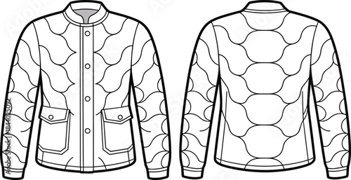 Technical flat sketch of quilted jacket with curved stitching pattern, front and back views showing pockets, collar design and garment construction details