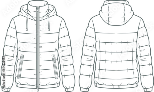 Technical flat sketch of hooded puffer jacket design, detailed winter outerwear vector illustration showing front and back views for fashion drafting