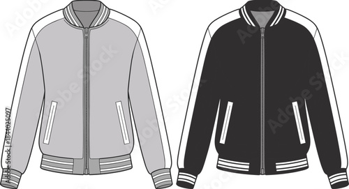 Stylish varsity bomber jacket front view flat technical illustration, modern apparel fashion CAD template showing unisex outerwear design details in vector format
