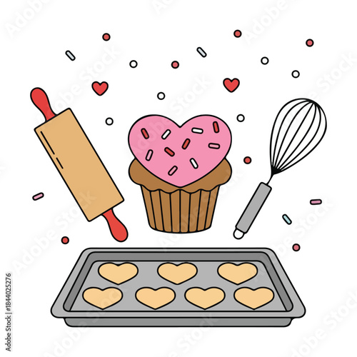 Baking Love Concept Vector Illustration with Cupcake, Rolling Pin and Heart Shapes for Valentine’s Day Design