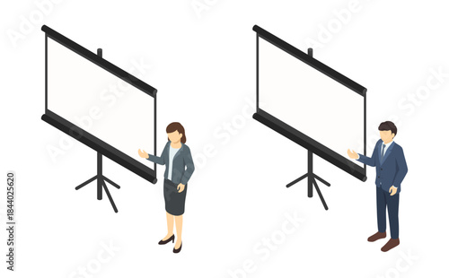 アイソメトリックイラスト：プロジェクターを使って説明するスーツ男女