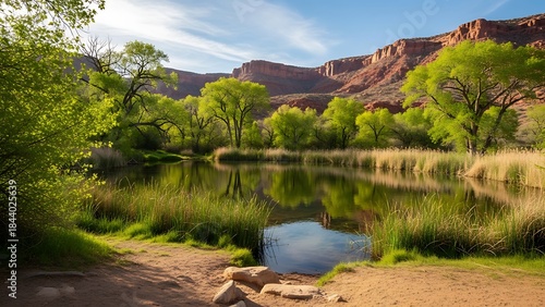Natural light Oasis American desert oasis with freshwater pool green vegetation and palm trees under intense sun illustrating environment climate survival and ecosystem balance