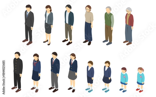 アイソメトリックイラスト：いろんな世代の人々