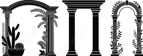 Classical arch and column silhouettes collection, antique architectural pillars with plants, elegant vintage doorway frames, black minimal vector illustration set