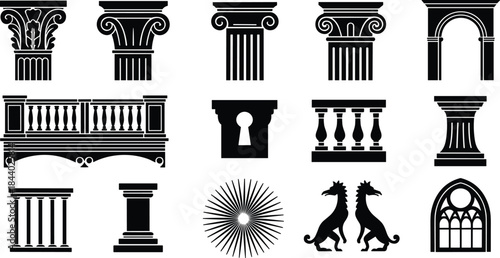 Classical architecture elements vector set, ancient columns arches balustrades gothic windows heraldic lions, vintage design icons for history, monument, construction branding