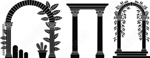 Classical architectural arch and column silhouettes set, decorative garden pergola frames with plants, black minimal Roman pillars vector illustration