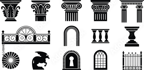 Classical architecture vector icon set featuring columns, arches, balustrades, windows, gates, ornamental elements for ancient, Roman, Greek design projects, illustration, branding, templates