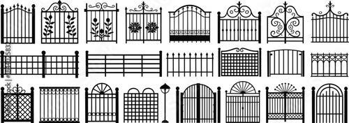 Decorative fence and gate silhouettes collection, wrought iron garden fences, classic ornamental entrances, black vintage railing designs vector illustration