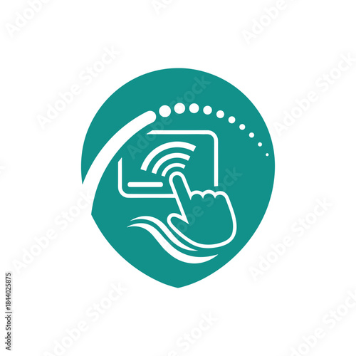 Digital Interaction Icon Hand Touching Screen with Wireless Signal in Teal Circle.