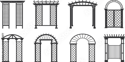 Garden pergola and arbor silhouettes set, wooden trellis arch designs collection, black outdoor structure elements, landscaping architecture vector illustration