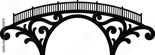Elegant ornamental bridge silhouette vector illustration, decorative arched pedestrian bridge design, vintage architecture element, black isolated icon for landscape, logo, tattoo, graphic design