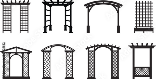 Garden pergola and trellis silhouettes set, wooden outdoor arbor frames collection, black decorative patio structures vector illustration for landscape design