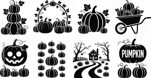 Halloween pumpkin silhouette collection, autumn harvest icons set, spooky jack o lanterns, pumpkin farm scenes, black seasonal vegetable vector illustration