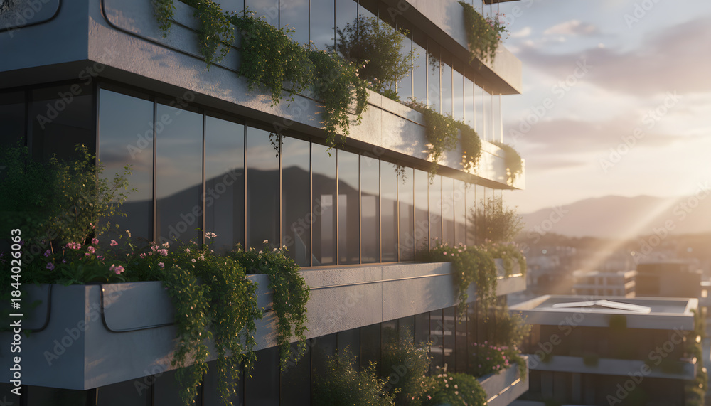 Fototapeta premium Modern Green Building with Vertical Gardens at Sunset