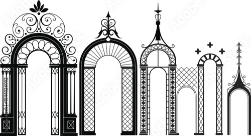 Ornate vintage arch gate silhouettes, decorative architectural doorway frames, classic Islamic and European design elements, black vector illustration set isolated on white