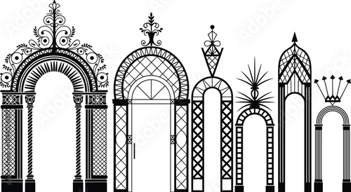 Ornate decorative arch gate collection, vintage architectural doorway silhouettes, classic ironwork arches, elegant entrance frames, black vector illustration set