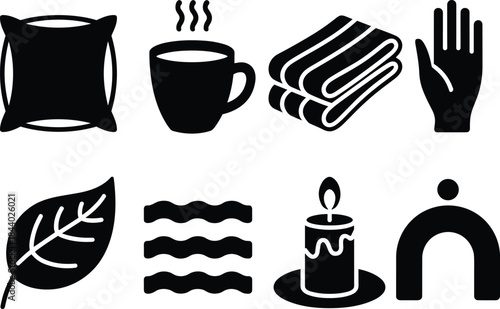 Spa and wellness icons vector set, relaxation self care symbols collection including candle towel tea hand leaf, minimal silhouette design for health branding