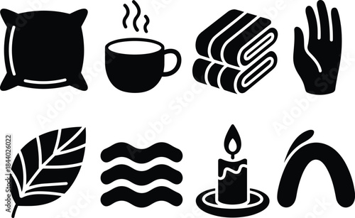 Spa wellness icons vector collection, self care relaxation symbols including candle towel tea leaf pillow hand, minimal black silhouettes for health, beauty branding