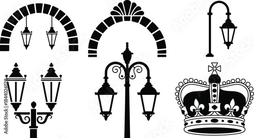 Vintage street lamp silhouettes collection, classic lanterns arches and royal crown elements, black decorative lighting icons set, elegant vector illustration