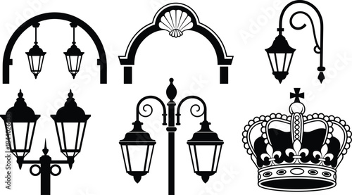Vintage street lamp silhouettes set, classic lantern arches and royal crown elements, black decorative lighting icons collection, elegant urban vector illustration