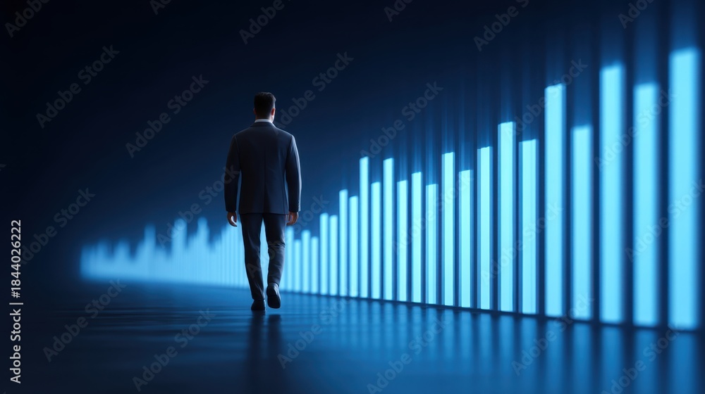 Fototapeta premium Businessman Walking Towards 3D Digital Chart Representing Growth and Success with Blue Gradients on Dark Background in Modern Office Environment