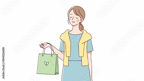 Woman holding a shopping bag with eyes closed.