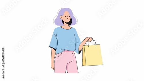 Young woman with purple hair holding a shopping bag.