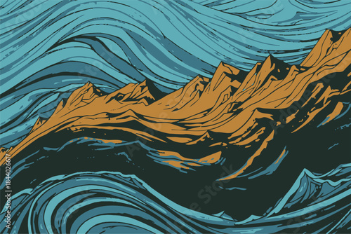 Dynamic Mountain Landscape Artwork, Bold Waves and Peaks, Abstract Design, Artistic Interpretation, Vibrant Colors