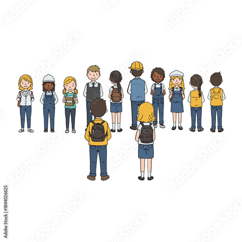 Diverse group of cartoon school children with backpacks standing together.