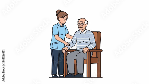 Nurse assisting elderly man in chair.
