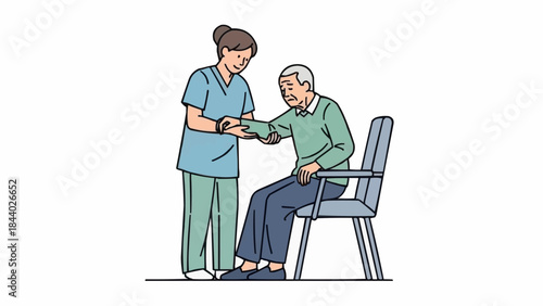 Nurse assisting elderly man to stand up from chair.