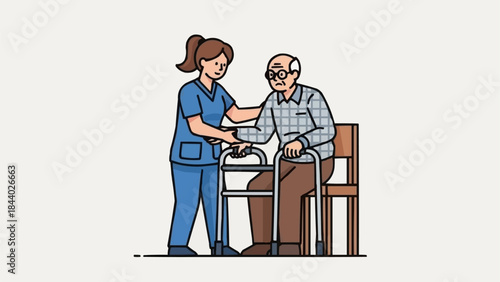 Nurse assisting elderly man with walker.