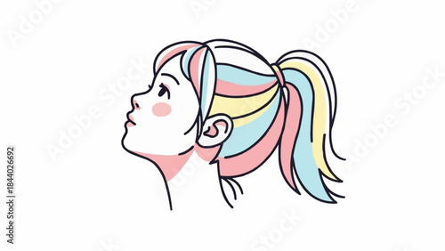 Young girl with colorful hair looking up thoughtfully.