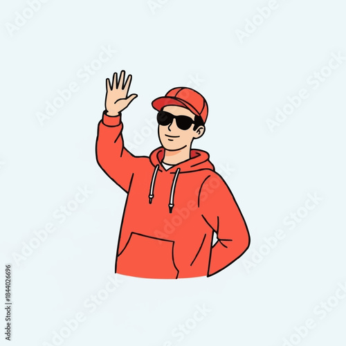 Young Man Wearing Sunglasses and Hoodie Waving Hand.