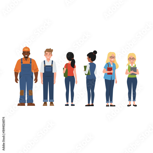 Diverse group of people in casual and work attire standing together.