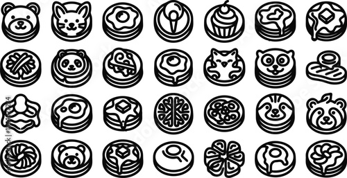 Black and white line art of various sweet treats and animal faces on cookies
