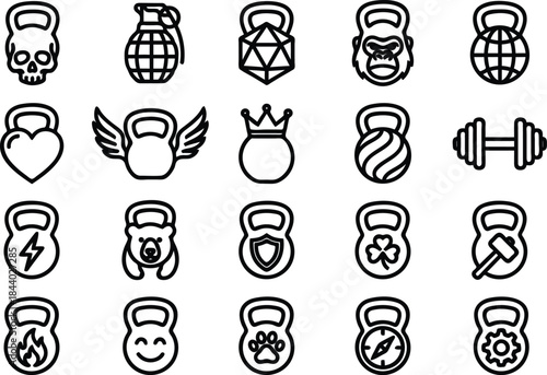 Black line icons of various kettlebell designs and symbols