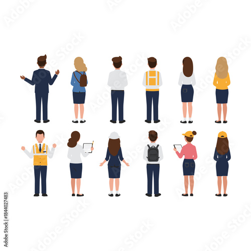 Diverse group of people standing facing different directions showcasing various professions and casual wear.