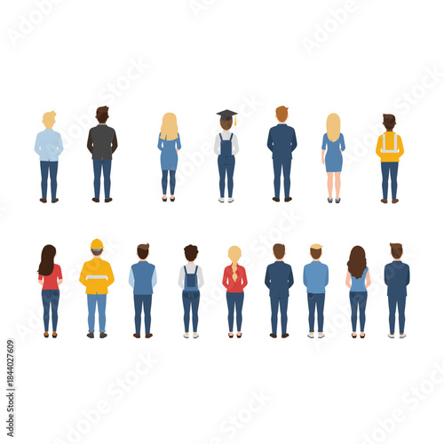 Diverse group of people standing in two rows facing away from the camera.