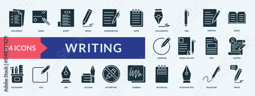 Writing thin icon set containing note, calligraphy, pen, writing, book
